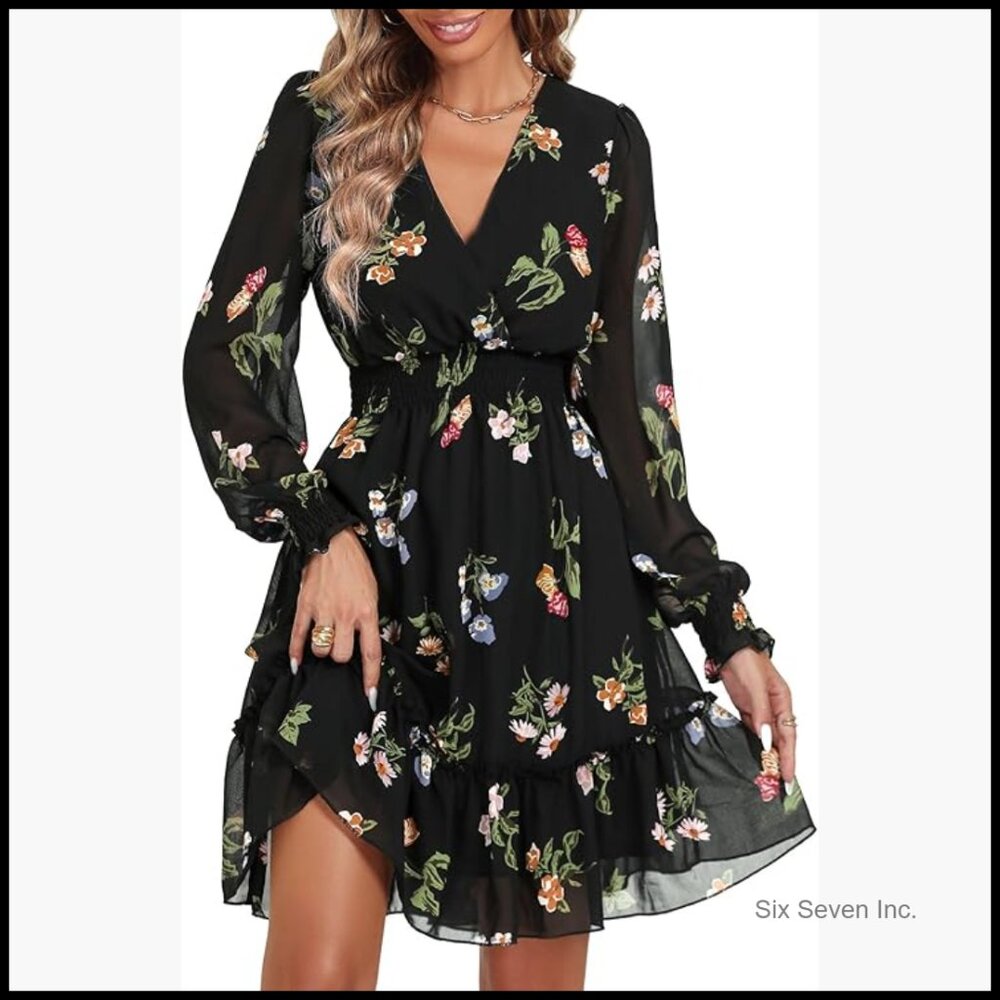 Floral Chiffon Long Sleeve Mini Dress Wrap Tie Back A-Line